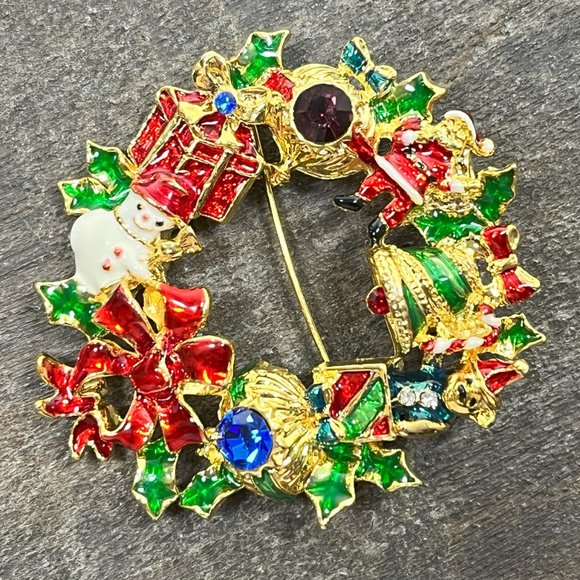 Christopher Radko Signed Christmas Wreath Pin Brooch / Pendant Gold Toned - Picture 9 of 10